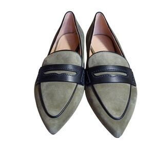 Boden Olive Suede Black Leather Trim Loafers Pointed Toe